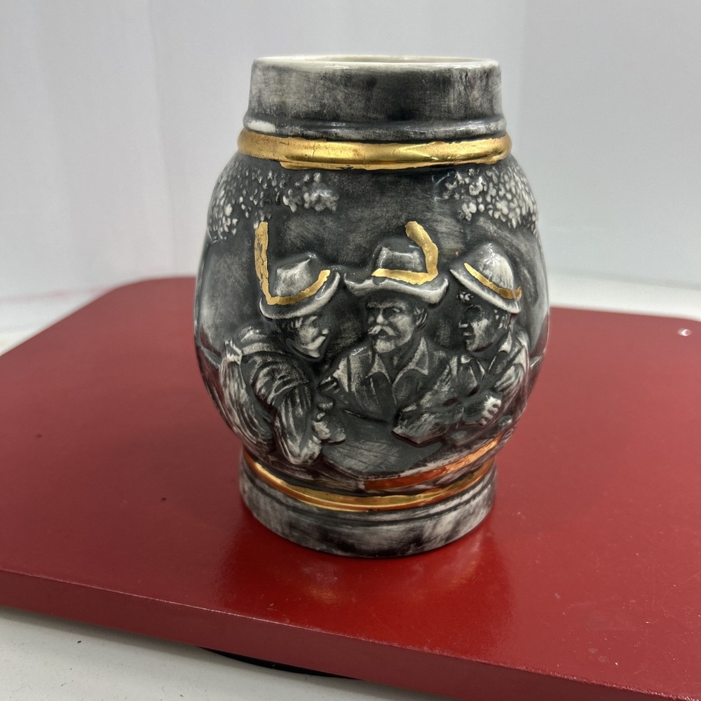 Vintage Ceramic Gray & Gold German Stein Beer Mug 6" Tall 3 Musketeers
